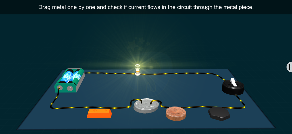 Electricity - Edutech Era - A virtual science lab screen showing an interactive circuit where a lightbulb glows when connected to a metal conductor
