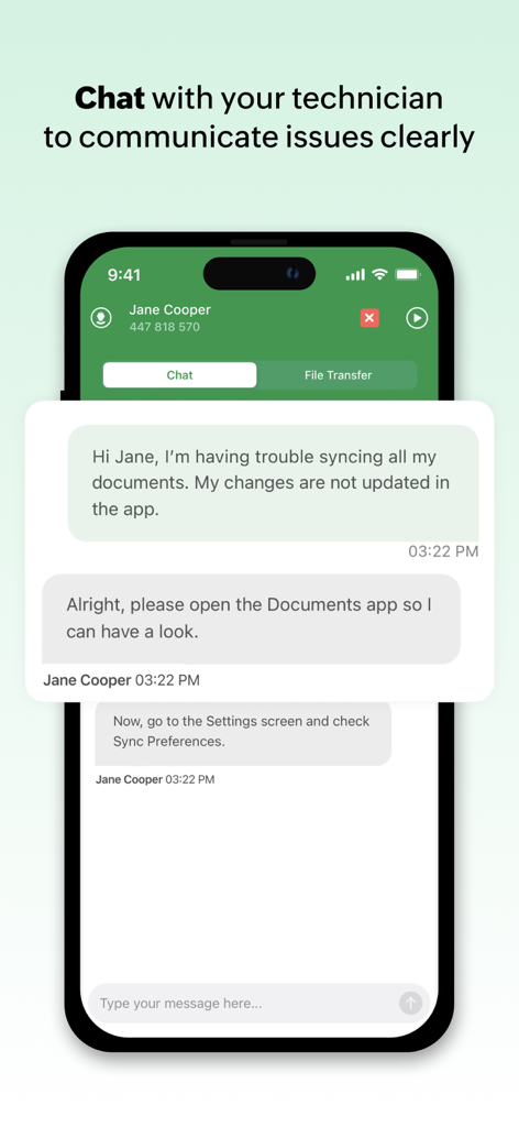 Customer App - Zoho Assist - Zoho Assist mobile app showing a support chat session between a customer and a technician named Jane Cooper.