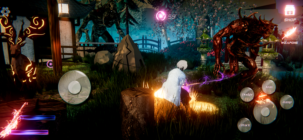 Demon RPG God. Hunter Blade 3D - A 3D ninja character fighting a large monster in a mystical forest with on-screen game controls.