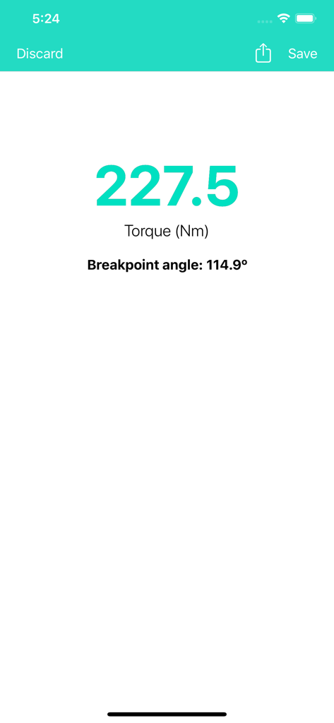 Schermata dei risultati dell'app Nordici che mostra le misurazioni di coppia e angolo del punto di rottura per un esercizio dei tendini del ginocchio