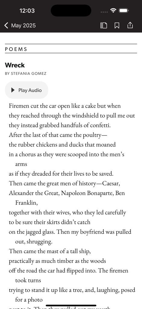 The Poetry Magazine app interface showing a poem titled Wreck by Stefania Gomez with a play audio button.