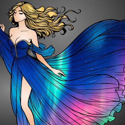 realistic woman in dress flowing the the wind