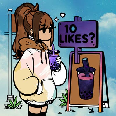 girl with oversized hoodie drinking boba and she has a high ponytail with a sign that says 10likes?