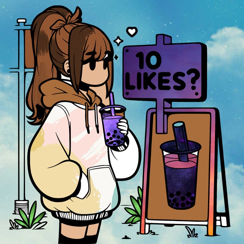 girl with oversized hoodie drinking boba and she has a high ponytail with a sign that says 10likes?
