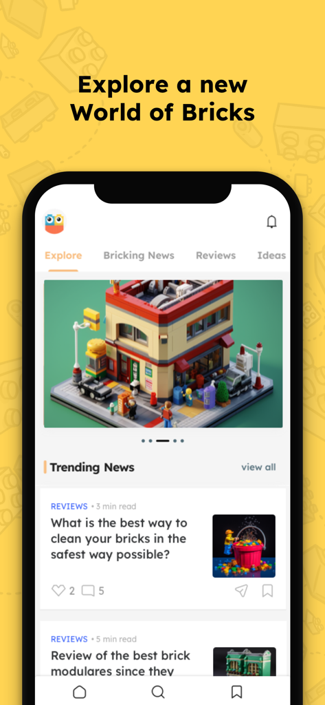Brick News - Brick News mobile app interface showing trending news and set reviews for brick building enthusiasts