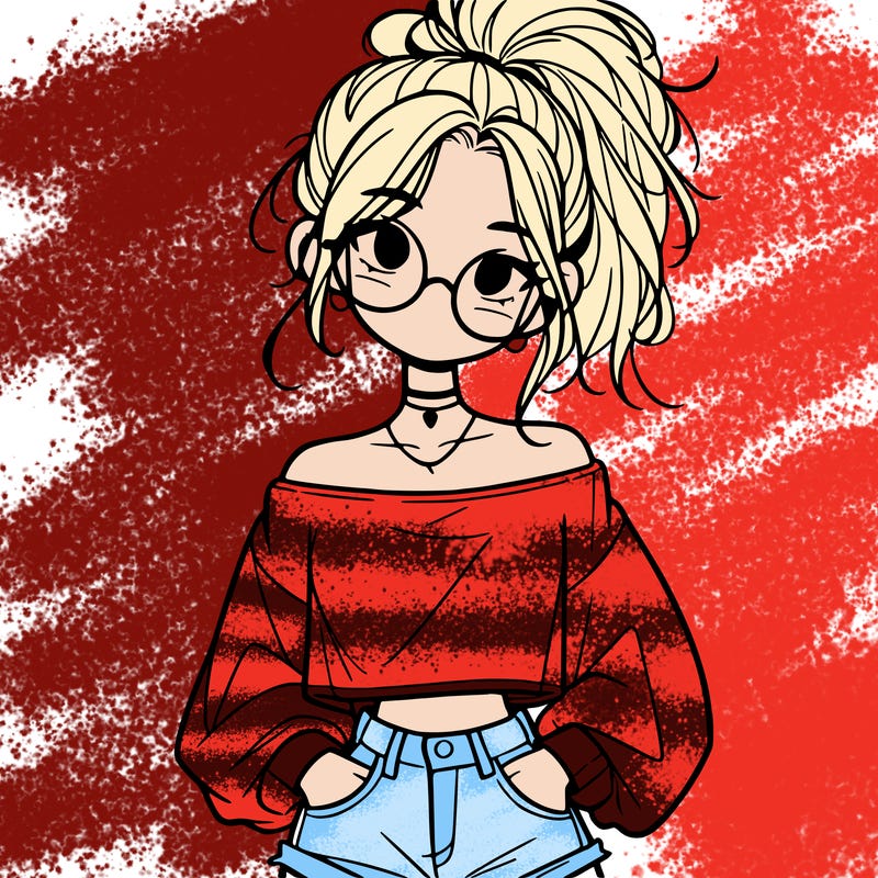 girl with a messy ponytail glasses a baggy crop top and jean shorts