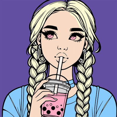 realistic girl with braided hair drinking boba