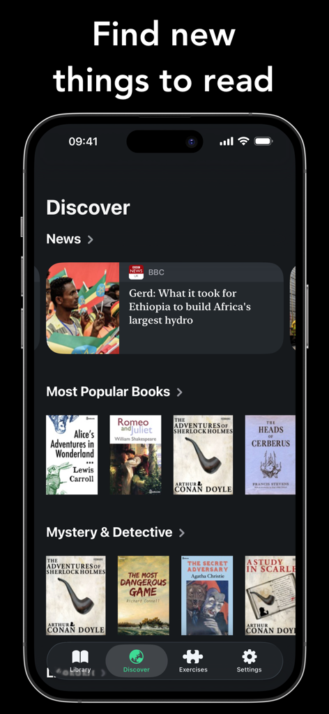 Outread: Speed Reading - Discover screen of Outread speed reading app featuring news articles and classic books