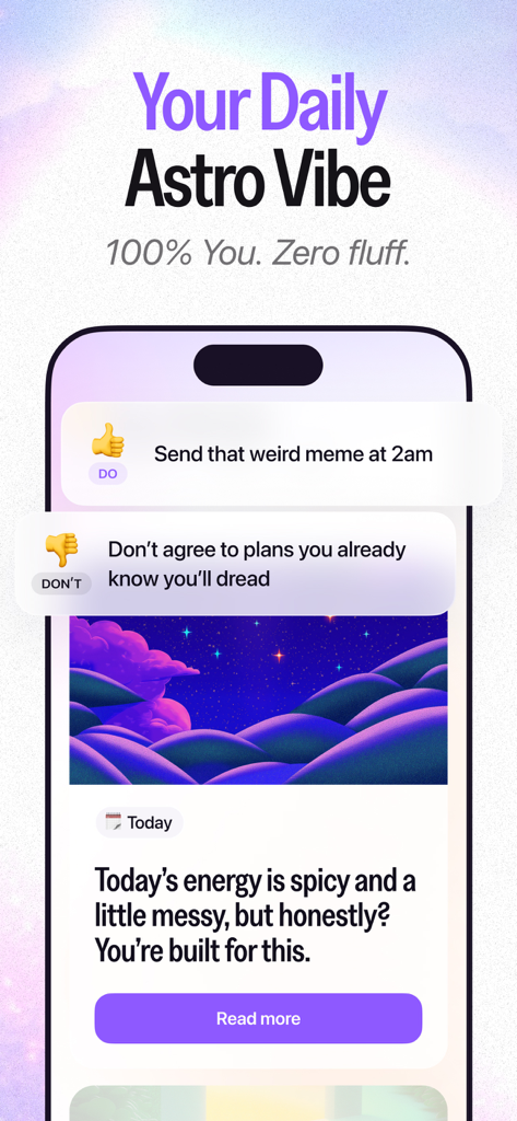 AstroClub: Astrology & Tarot - A screenshot of the AstroClub app featuring a Your Daily Astro Vibe screen with relatable daily advice and a modern aesthetic design.