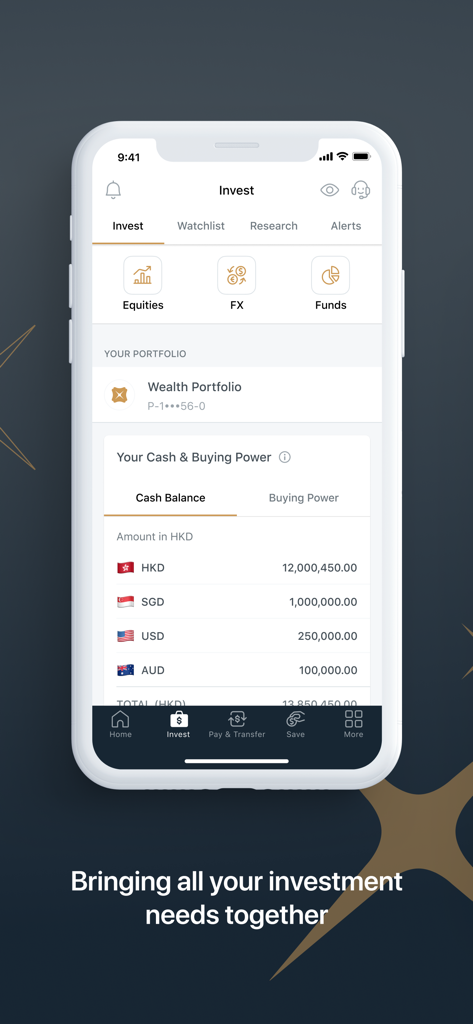 DBS digibank HK app showing multi-currency investment portfolio and cash balances.