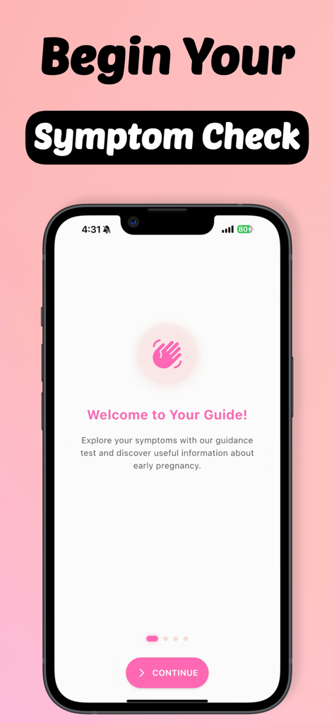 Pregnancy Test Checker Quiz - Onboarding screen of the Pregnancy Test Checker Quiz app showing the start of a symptom check guide