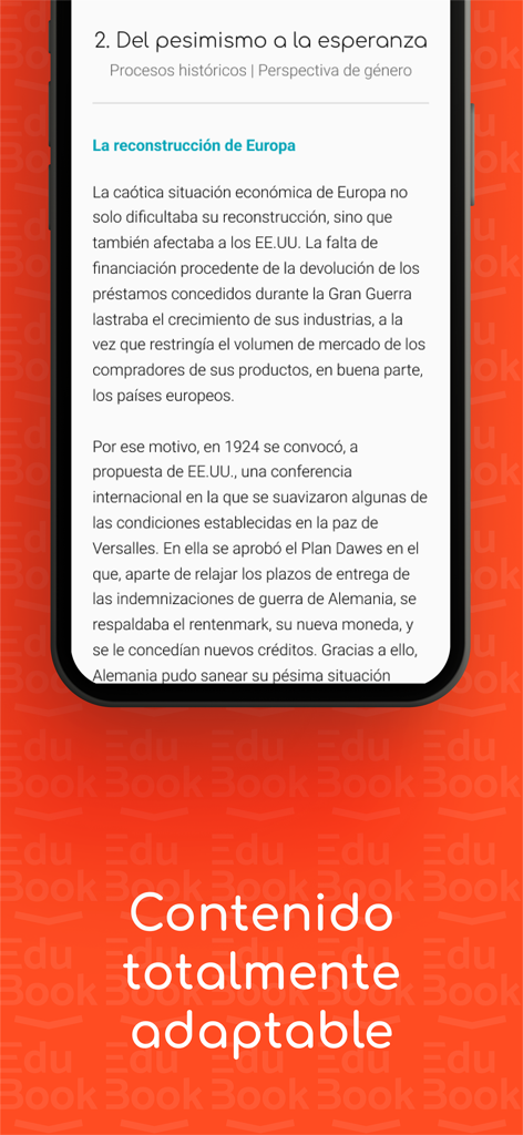 EduBook - Pantalla de smartphone que muestra la aplicación EduBook con una lección de historia de España y texto que indica contenido totalmente adaptable.
