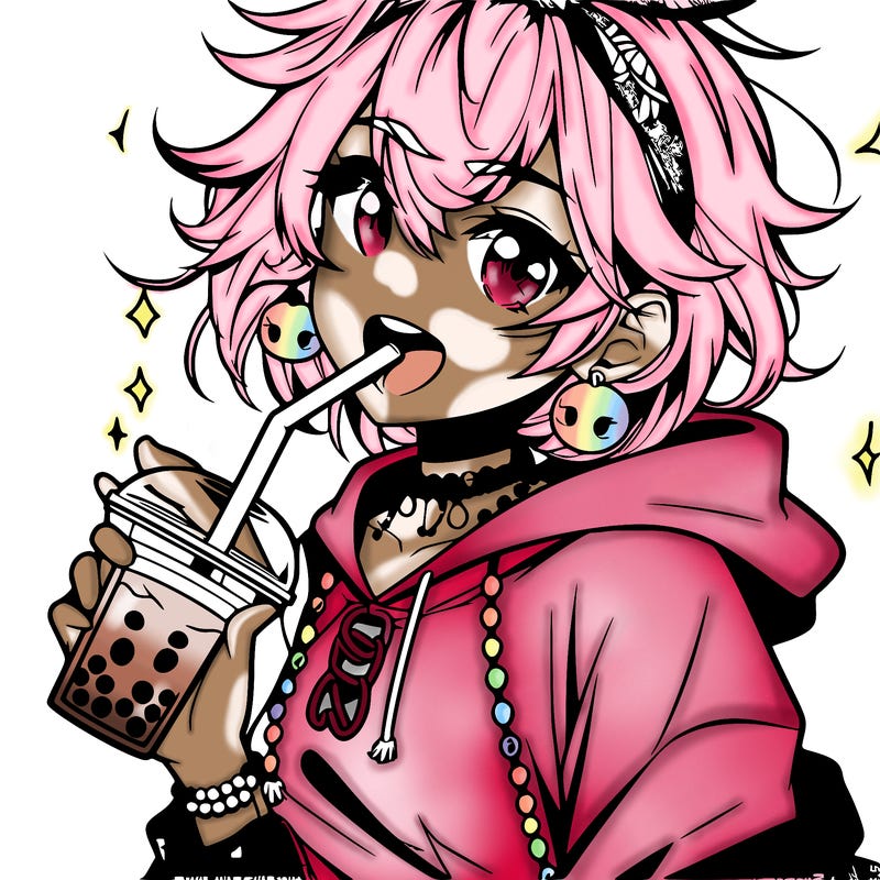 hot baddie anime girl drinking boba and biting the straw