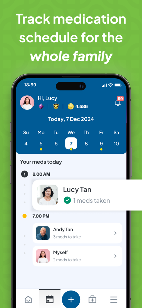 CareAide Manage Meds & Health - CareAide app interface showing daily medication tracking for multiple family members.