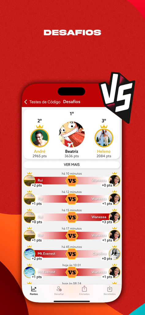 Schermata mobile che mostra una classifica degli utenti e la cronologia delle sfide per un'app di esame teorico di guida.