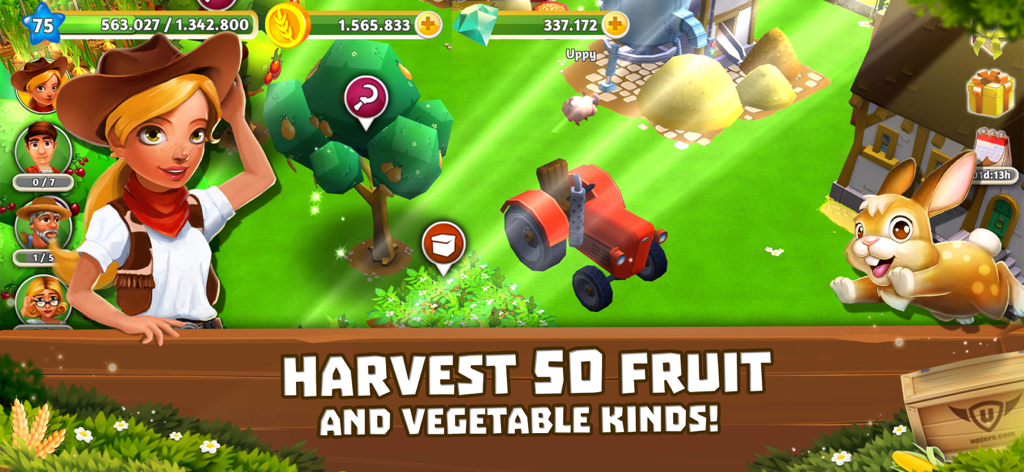 Captura de pantalla del juego móvil My Free Farm 2 que muestra una granja 3D con un tractor de vaquera y un lindo conejo