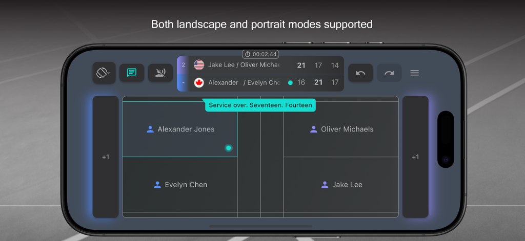 Badminton Scorer Pro - Badminton Scorer Pro app showing the professional umpire scoreboard interface in landscape mode on an iPhone.