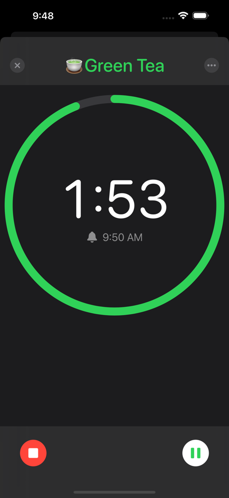 Just Timers - Uno screenshot dell'app Just Timers che mostra un conto alla rovescia attivo per un timer di tè verde con un cerchio di avanzamento verde