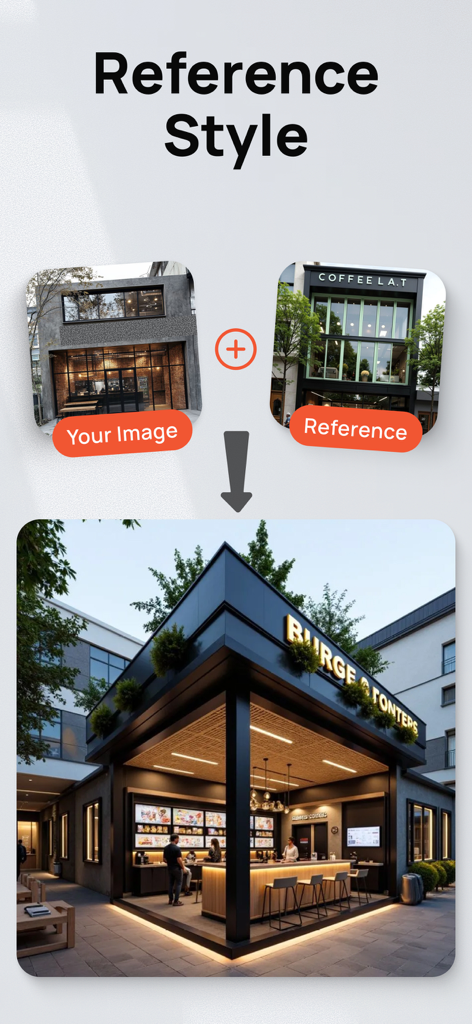 AI Home Design app interface demonstrating how to transform a building design using a reference style image
