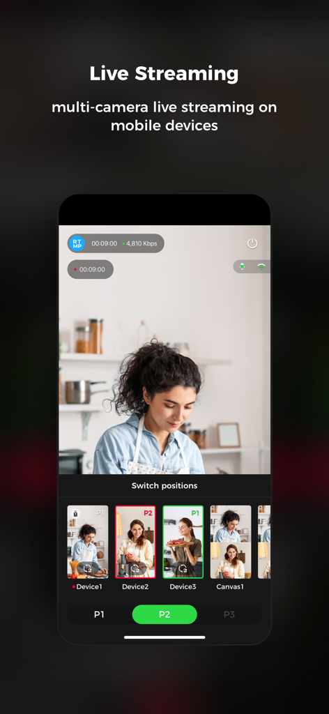 Obsbot Live - Obsbot Live app interface on a mobile phone showing multi-camera streaming and camera switching options