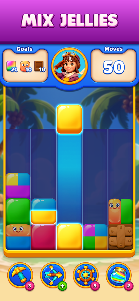 What the Jelly? - Captura de pantalla del juego de What the Jelly que muestra coloridos bloques de gelatina y objetivos del puzle sobre un fondo tropical