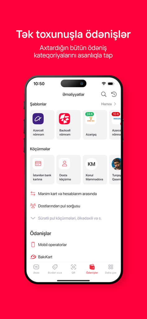 Birbank mobile app screen displaying payment and transfer categories