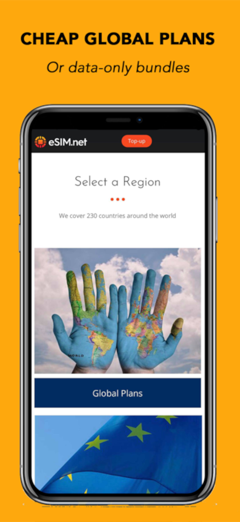eSim.net - Interfaz de la aplicación esim net que muestra planes de viaje globales para 230 países