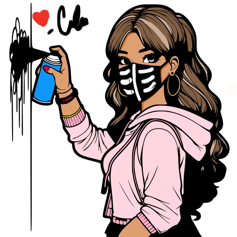 realistic girl with mask spray painting a wall