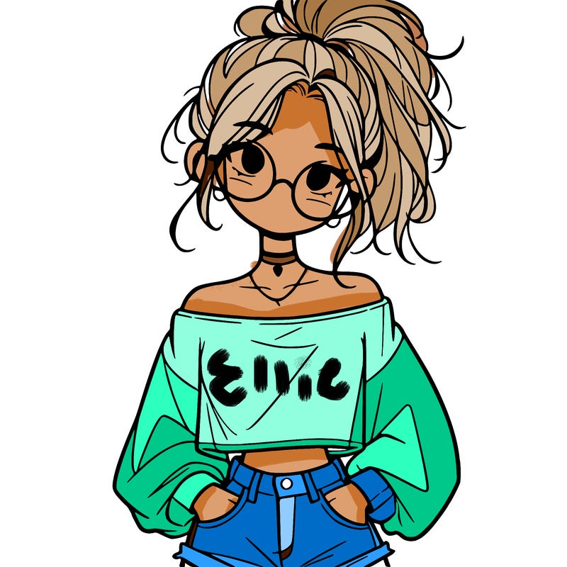 girl with a messy ponytail glasses a baggy crop top and jean shorts