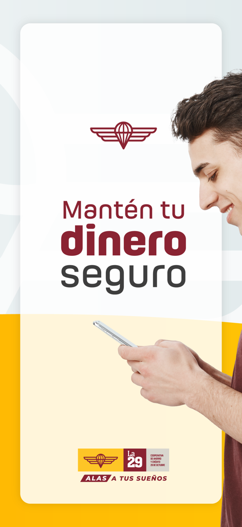 Cooperativa 29 de Octubre 2.0 - A smiling man using his smartphone for secure mobile banking with the Cooperativa 29 de Octubre app