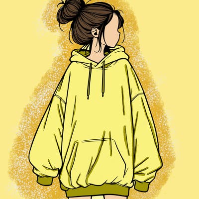realistic girl with a oversized sweatshirt on and a bun