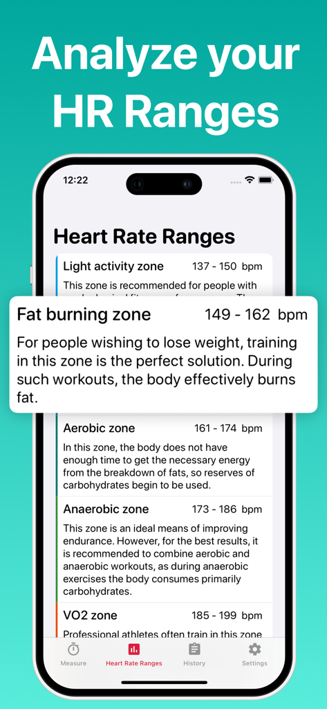 Heart Rate Monitor－HR Tracker - Heart rate ranges analysis screen showing fat burning aerobic and anaerobic zones