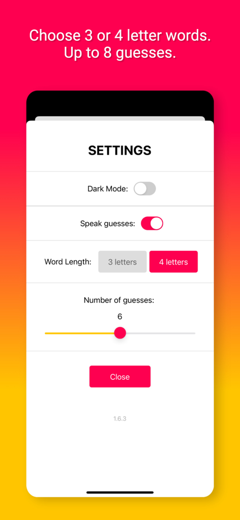 Kidle - Schermata delle impostazioni dell'app Kidle che mostra opzioni per la lunghezza delle parole e il numero di tentativi.