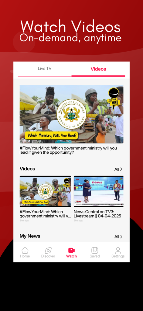 3News – Ghana News & Live TV - 3Newsアプリのオンデマンドビデオセクションを示すスクリーンショット。ガーナのニュースやデジタル番組が含まれています。