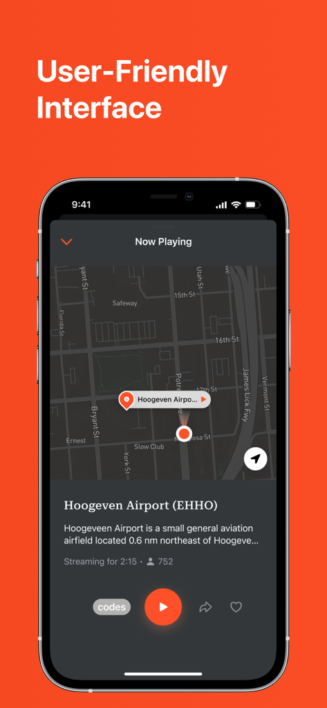 User-friendly interface of the Fire Department Radio app featuring a map and live audio controls