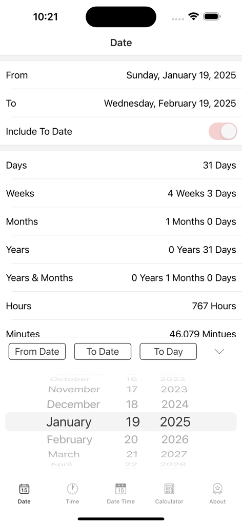 Captura de tela do aplicativo Calculadora de Data e Hora calculando a duração entre 19 de janeiro e 19 de fevereiro de 2025