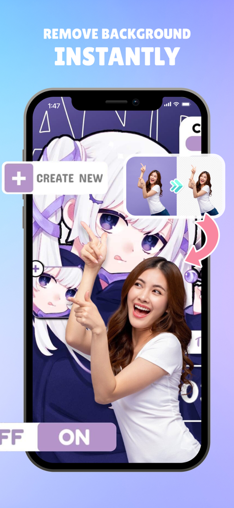DIY Wallpaper & Widget - Una captura de pantalla de la aplicación DIY Wallpaper and Widget que demuestra la herramienta de eliminación de fondo instantánea para crear fondos de pantalla personalizados para iPhone.