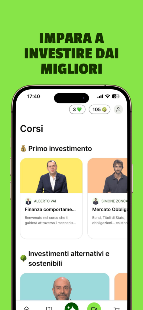 Pantalla de la aplicación móvil que muestra cursos de inversión y funciones de aprendizaje gamificadas.
