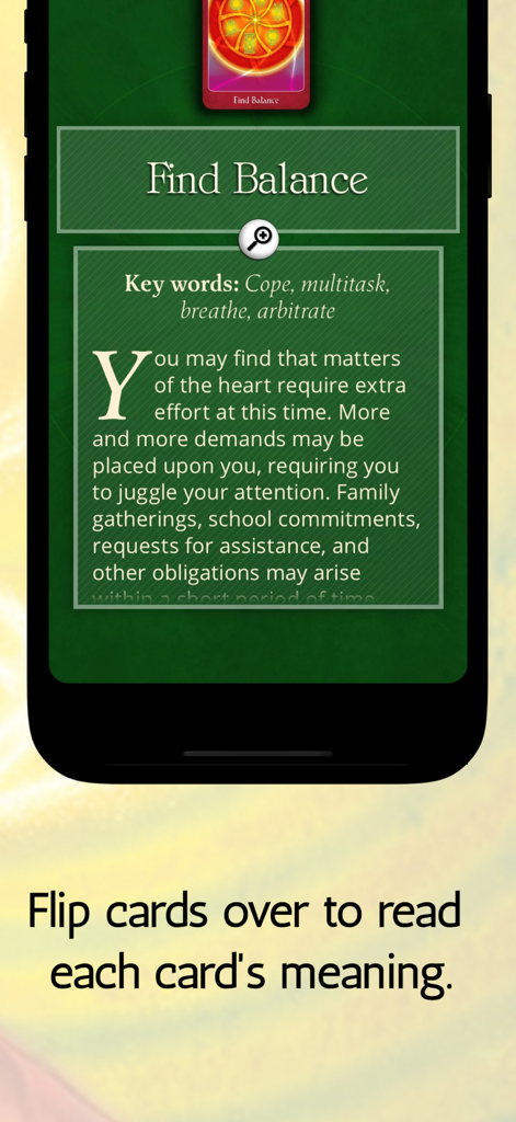 The Psychic Tarot for Heart - A digital tarot card from the Psychic Tarot for Heart app titled Find Balance showing keywords and a detailed description for spiritual guidance.