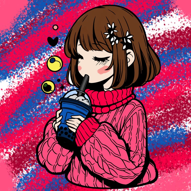 manga girl drinking boba in cozy sweater