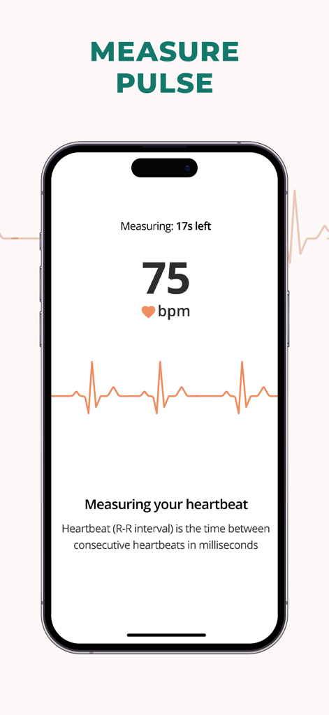 Pulsebit: Heart Rate Monitor - Pulsebitアプリのインターフェースに心拍数75 bpmと心拍波形が表示されている