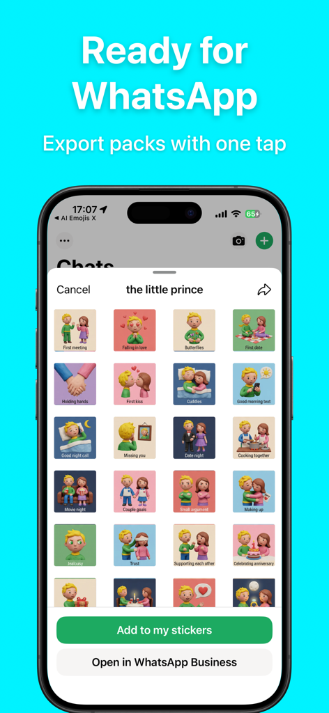 AI Emojis: New X Moji Creator - Interface mostrando um pacote de adesivos gerado por IA intitulado o pequeno príncipe para exportação para o WhatsApp