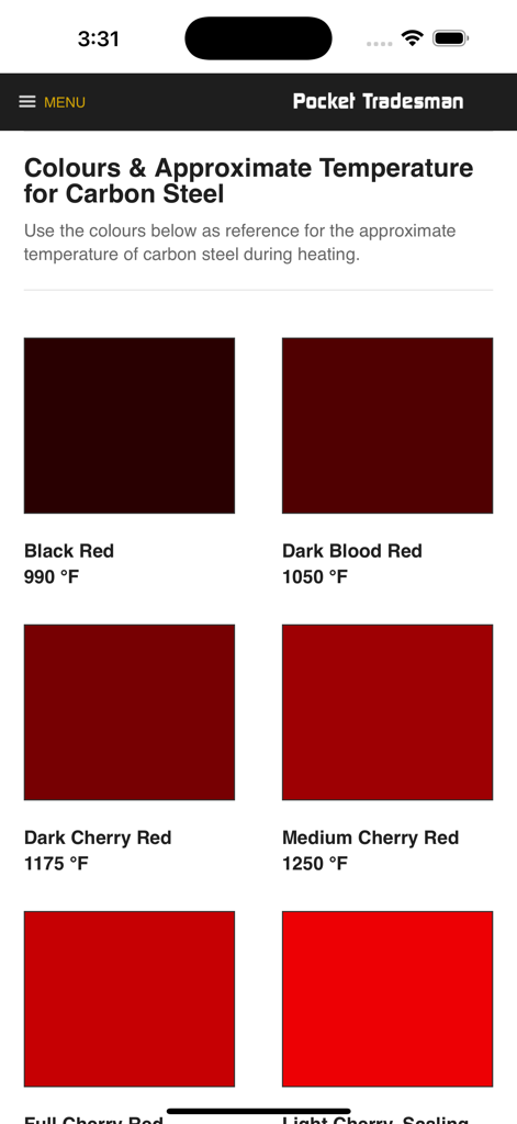 Pocket Welder - Pocket Welder app reference screen showing carbon steel heating colors and corresponding Fahrenheit temperatures