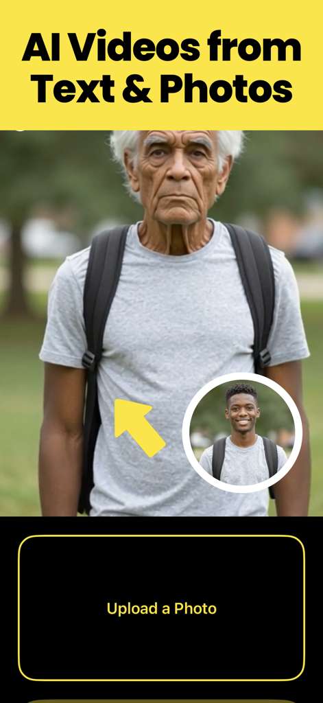Highfield - AI Video Generator - Highfield AI Video Generator app interface showing a photo transformation feature and an upload button