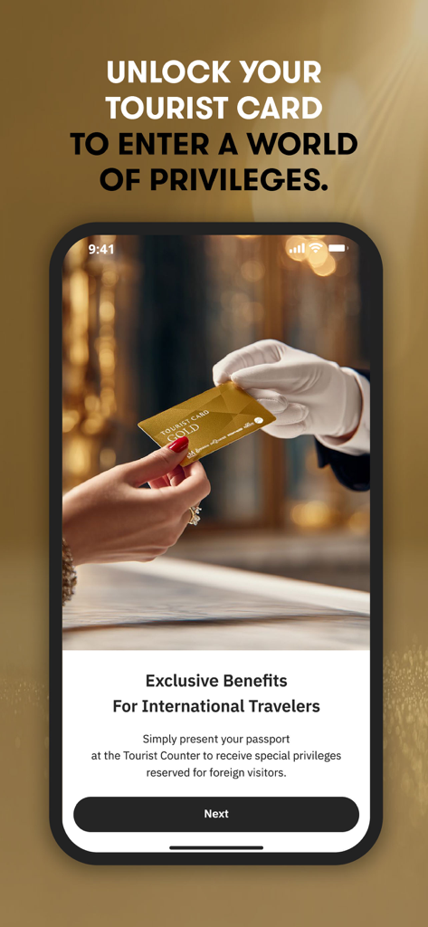 M Tourist Thailand - A gloved hand presenting a gold M Tourist card to a traveler for exclusive shopping benefits