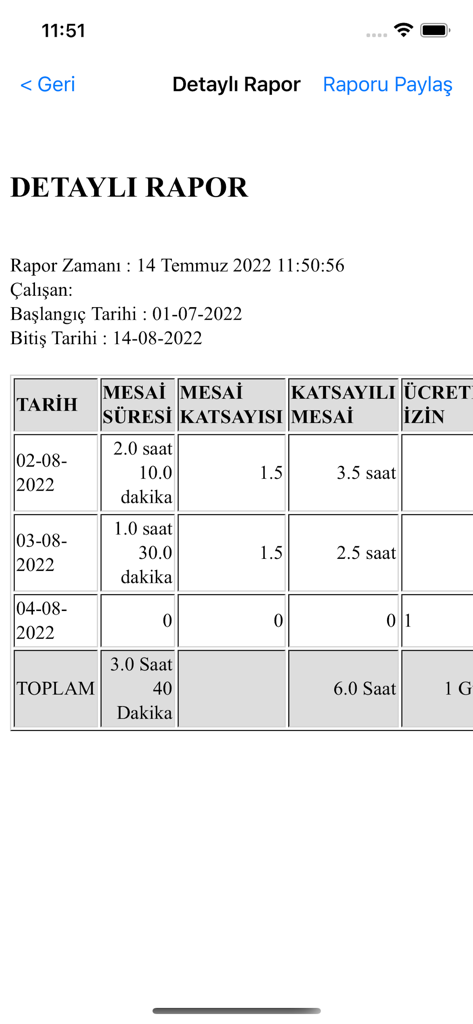 Mesailerim - A detailed overtime report summary in the Mesailerim app showing dates and calculated work hours