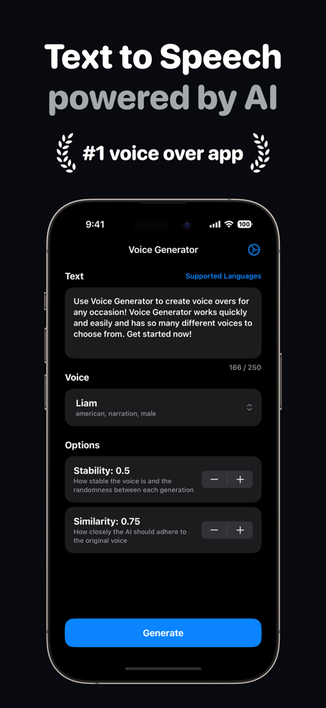 AIボイスジェネレーターアプリのインターフェース。テキスト入力と音声カスタマイズ設定が表示されています。