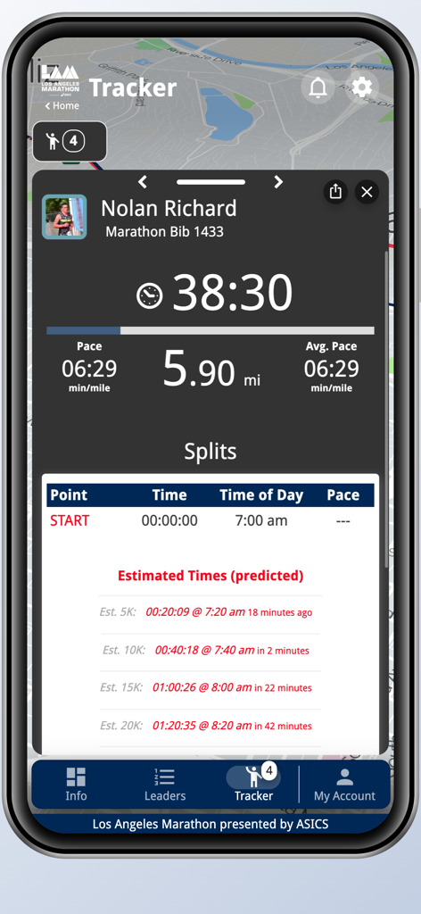 A live runner tracking screen in the 2025 LA Marathon app showing pace distance and estimated split times for a participant