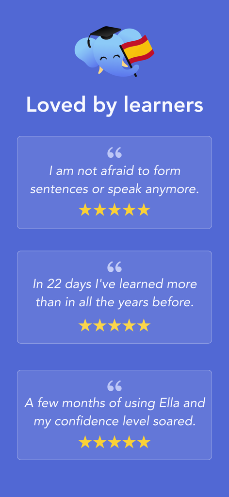 Ella Verbs: Learn Spanish - Tres testimonios positivos de usuarios para la aplicación española Ella Verbs con calificaciones de cinco estrellas.