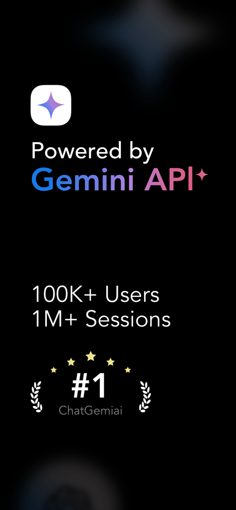 G.AI - AI ChatBot Assistant - Écran promotionnel pour l'assistant chatbot G.AI mettant en avant l'intégration de l'API Gemini et les statistiques des utilisateurs avec une note numéro un.